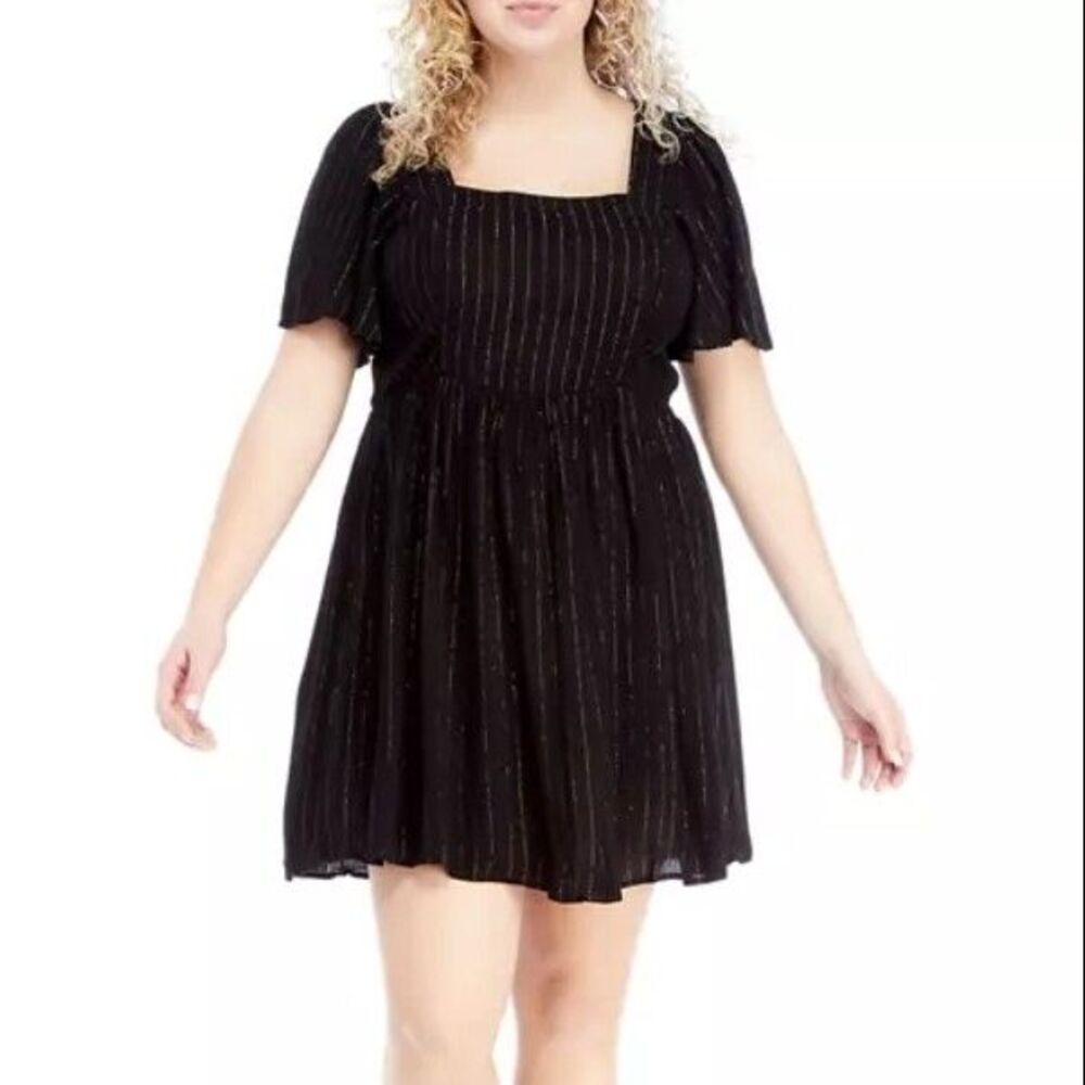 NEW Wonderly Plus Getaway Dress Black with Golden Metallic Strips Smocked Sz 1X